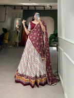 Lorenvalley White And Purple Pure Cotton Leheriya With Patola Print Lehenga Choli With Dupatta