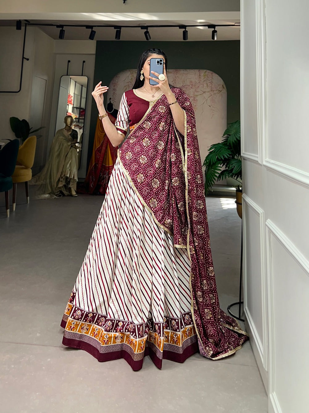 Lorenvalley White And Purple Pure Cotton Leheriya With Patola Print Lehenga Choli With Dupatta