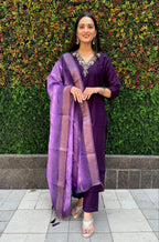 Lorenvalley Fashion Purple Roman Silk Hand Work Kurta Pant with Dupatta - Distacart