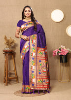 Lorenvalley Fashion Purple Soft Paithani Silk Woven Design Rich Zari Meenakari Weaving Saree