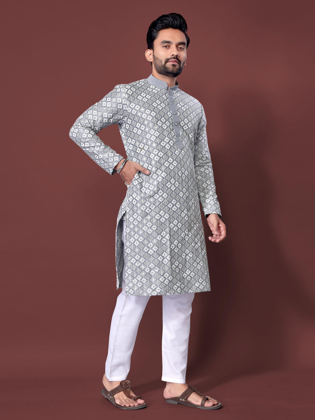 Neera Trendz Grey Soft Silk Embroidered Men's Kurta Pyjama