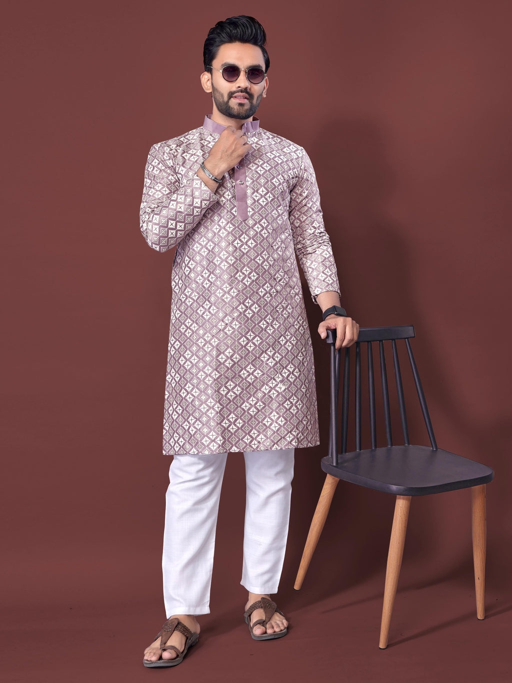Neera Trendz Light Purple Soft Silk Embroidered Men's Kurta Pyjama