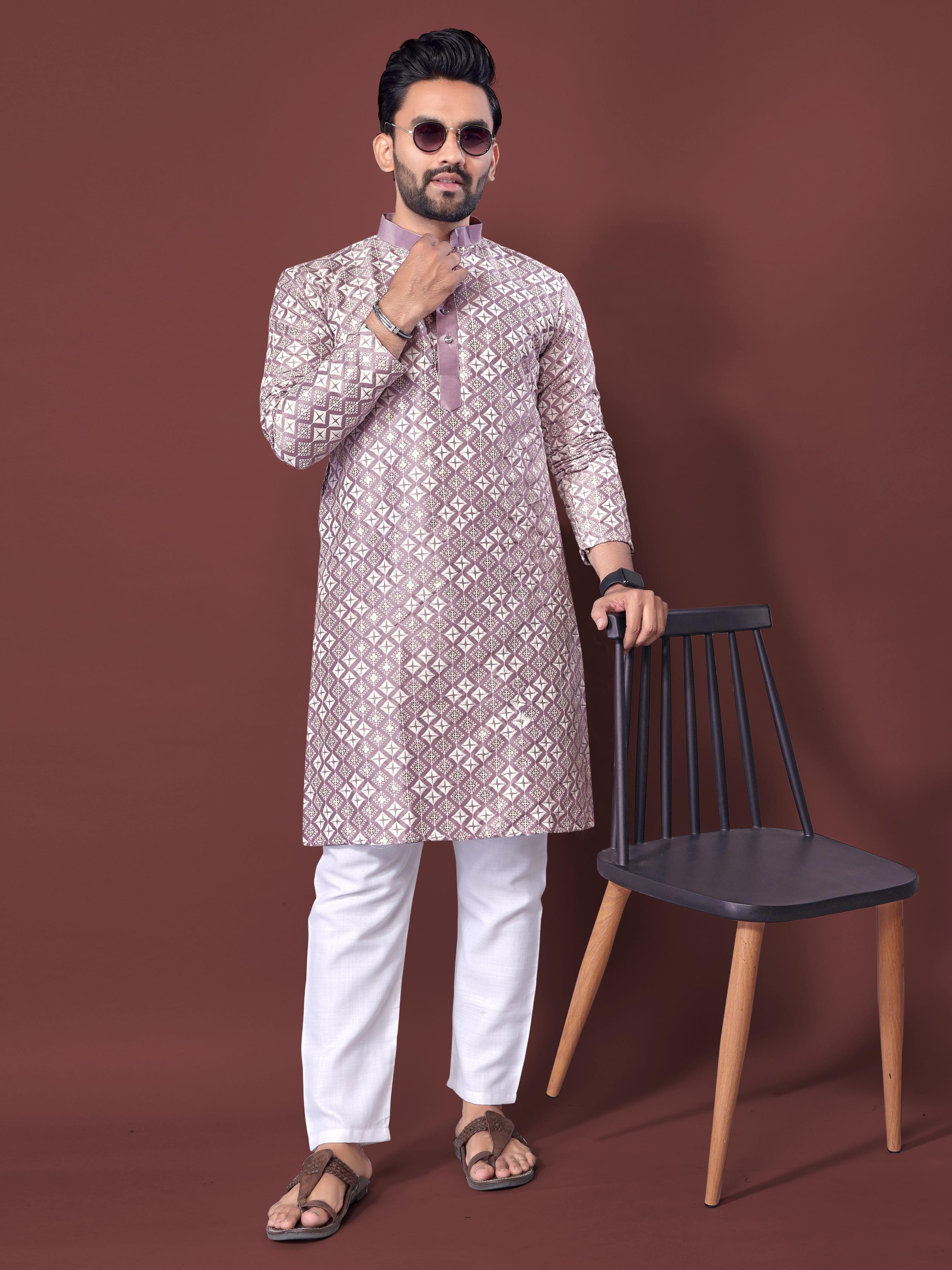 Neera Trendz Light Purple Soft Silk Embroidered Men's Kurta Pyjama