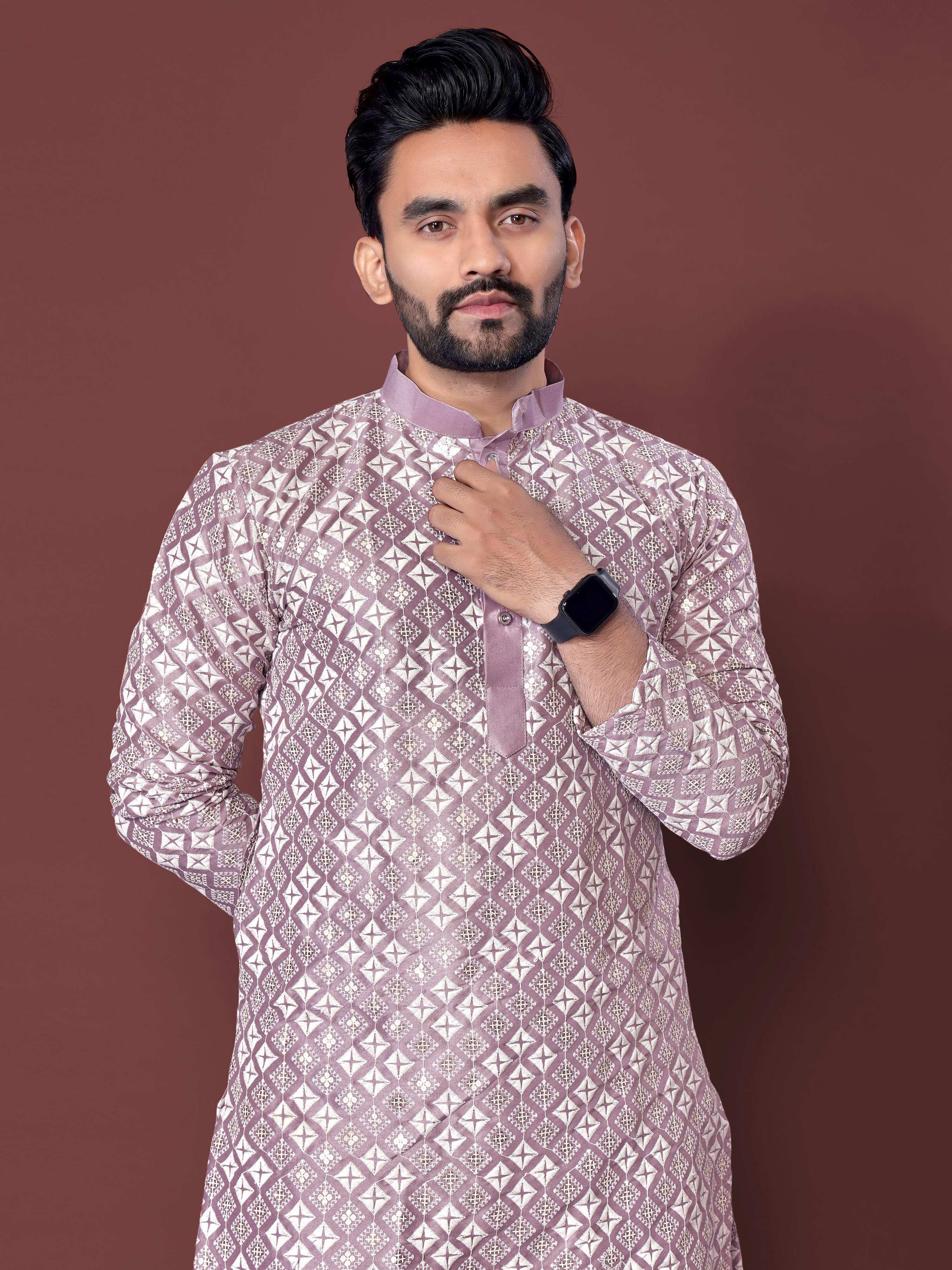 Neera Trendz Light Purple Soft Silk Embroidered Men's Kurta Pyjama