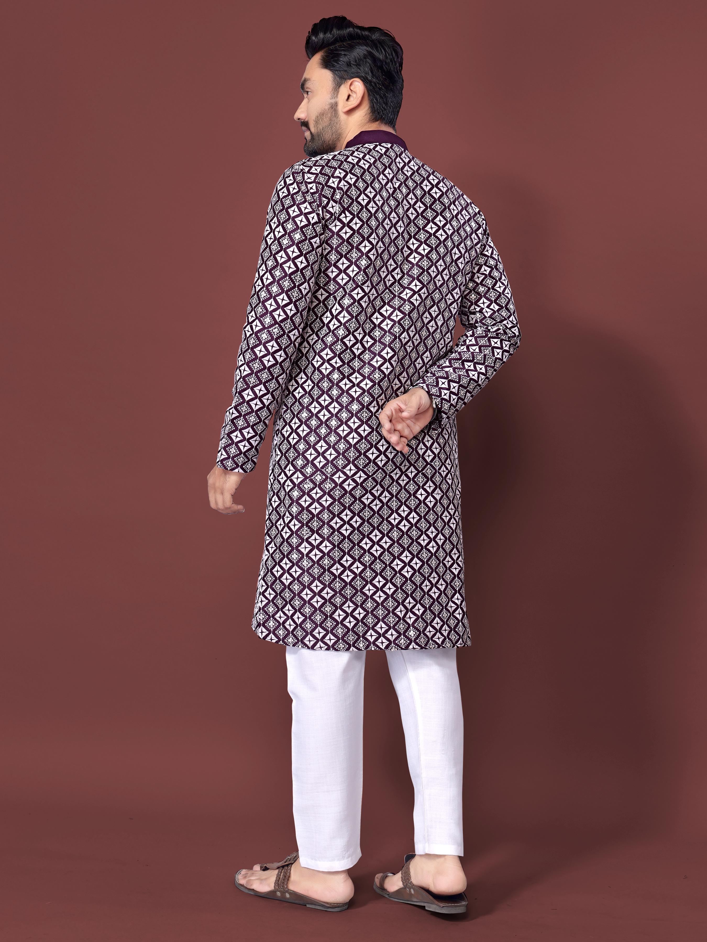 Neera Trendz Purple Soft Silk Embroidered Men's Kurta Pyjama