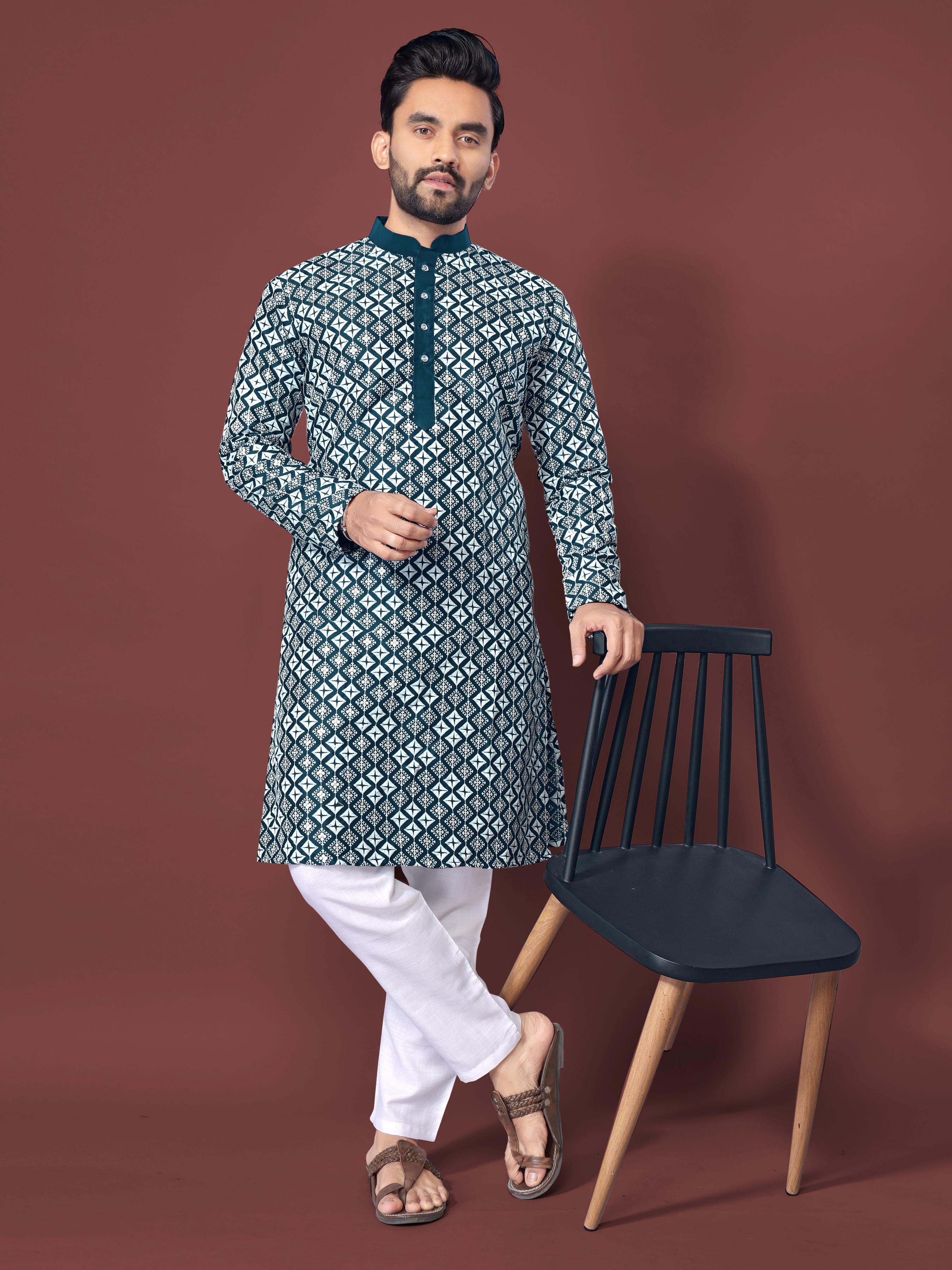 Neera Trendz Teal Soft Silk Embroidered Men's Kurta Pyjama