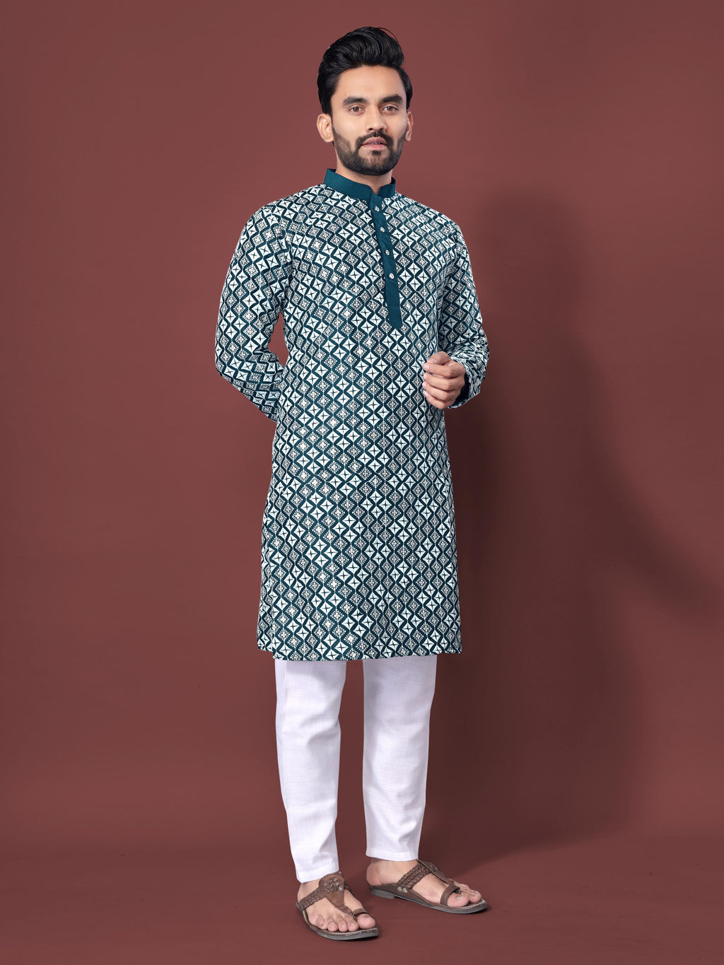 Neera Trendz Teal Soft Silk Embroidered Men's Kurta Pyjama