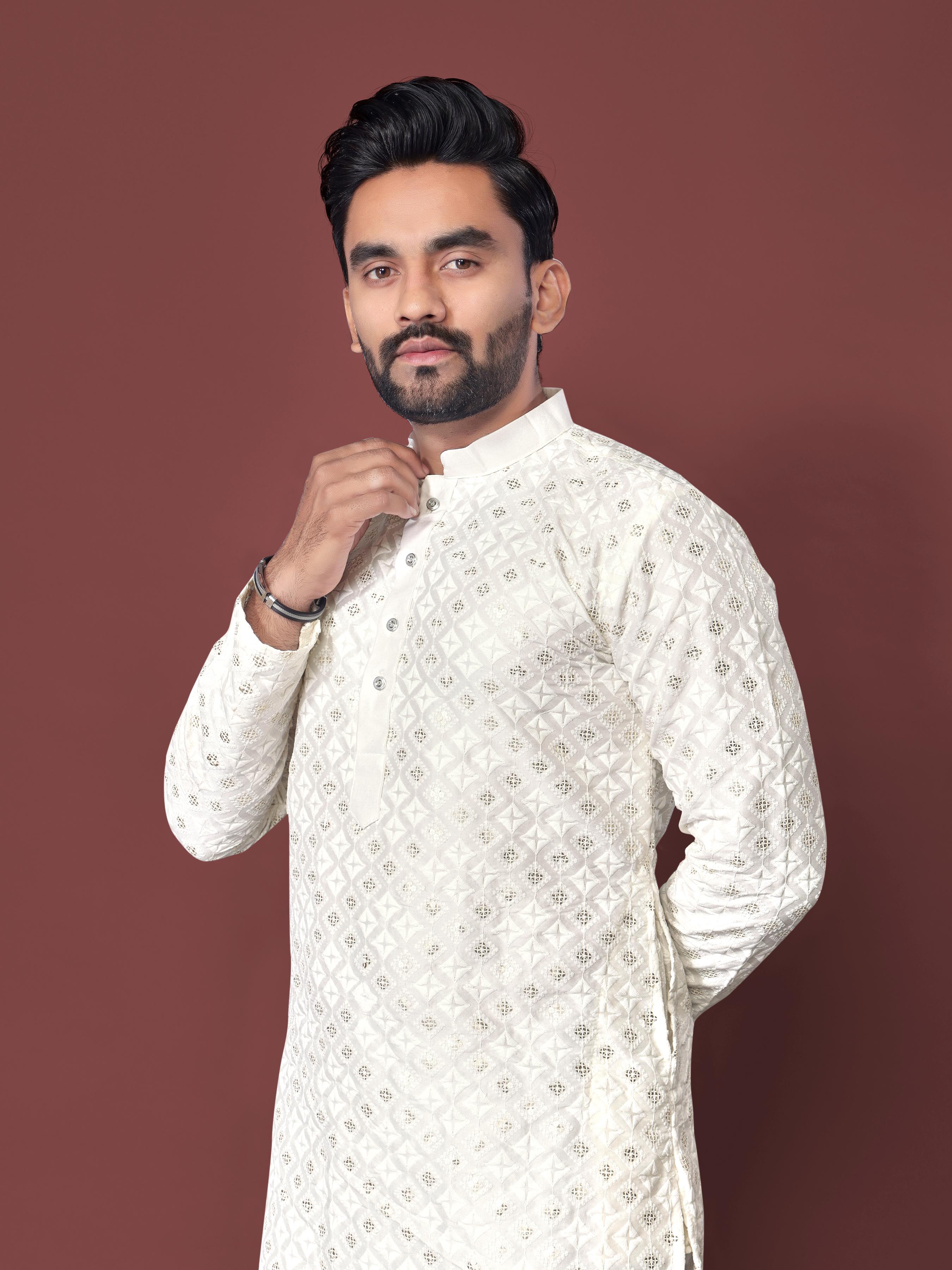 Neera Trendz White Soft Silk Embroidered Men's Kurta Pyjama