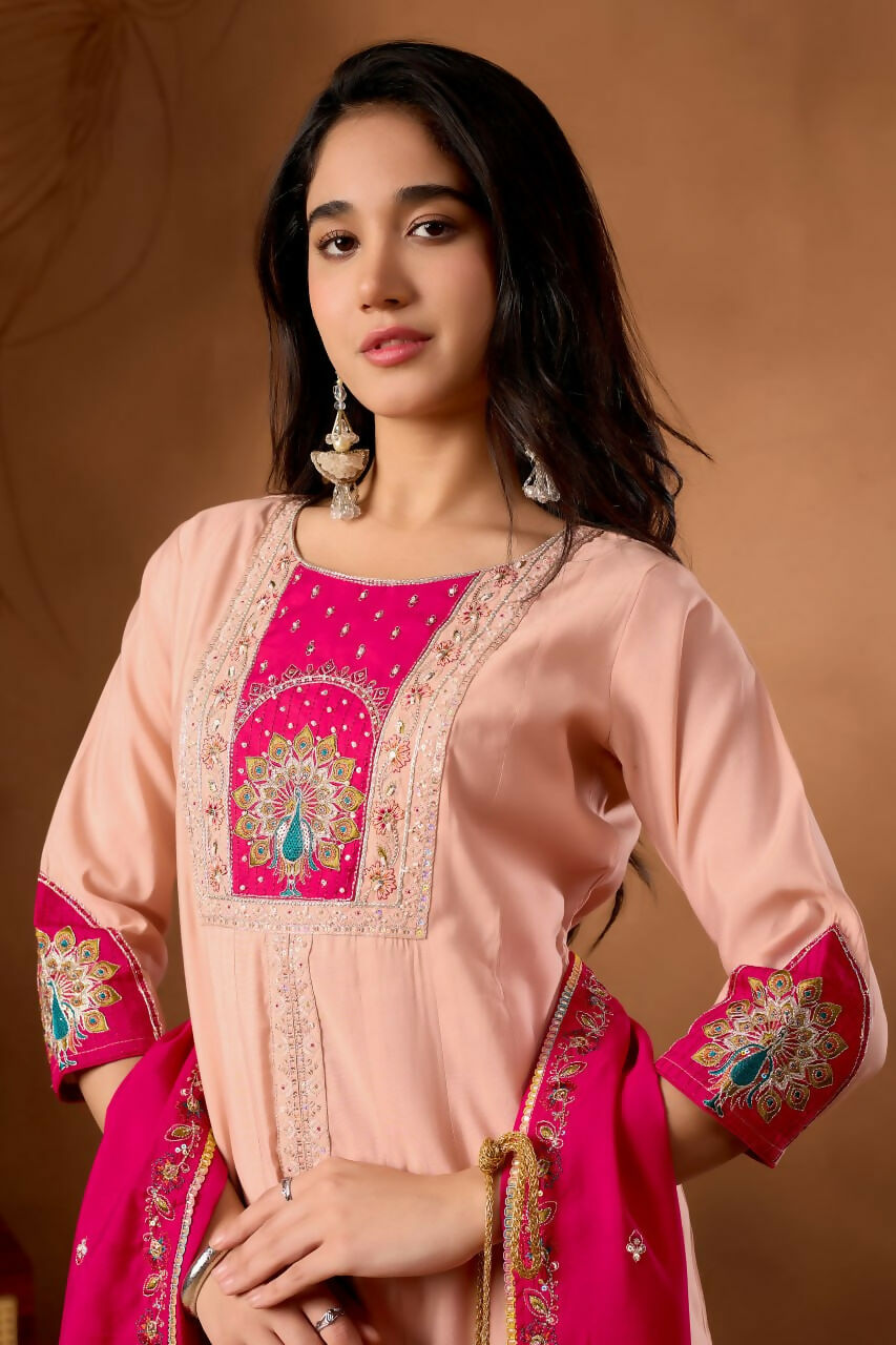 Lehenga Mart Designer Front-Slit Kurta, Paired With Wide-Leg Palazzo Pants And A Dupatta.-Peach - Distacart