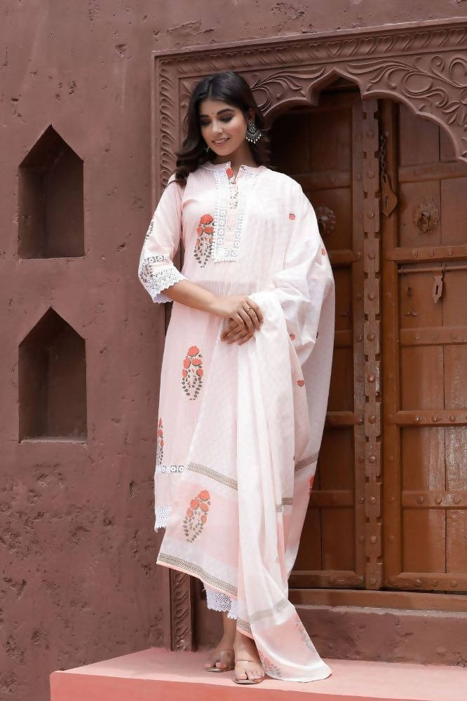 Yufta Peach Printed Dupatta Set