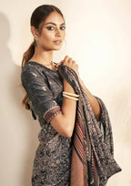 Grey Gajji Silk Paisley Print with Hand work Border Saree - Norita Nirvi