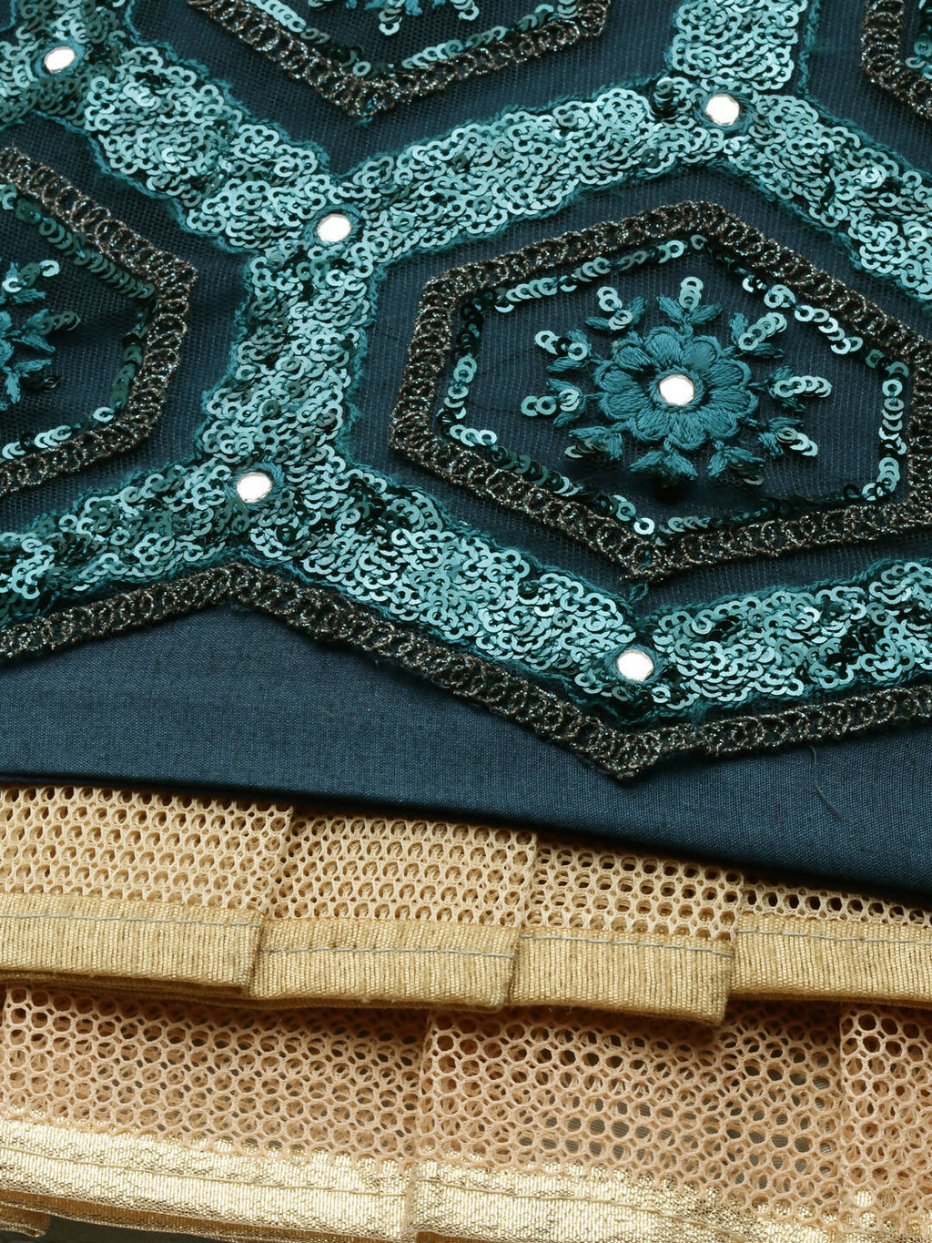 House of Panchhi Women Teal Net Embroidered Sequins Lehenga & Blouse with Dupatta