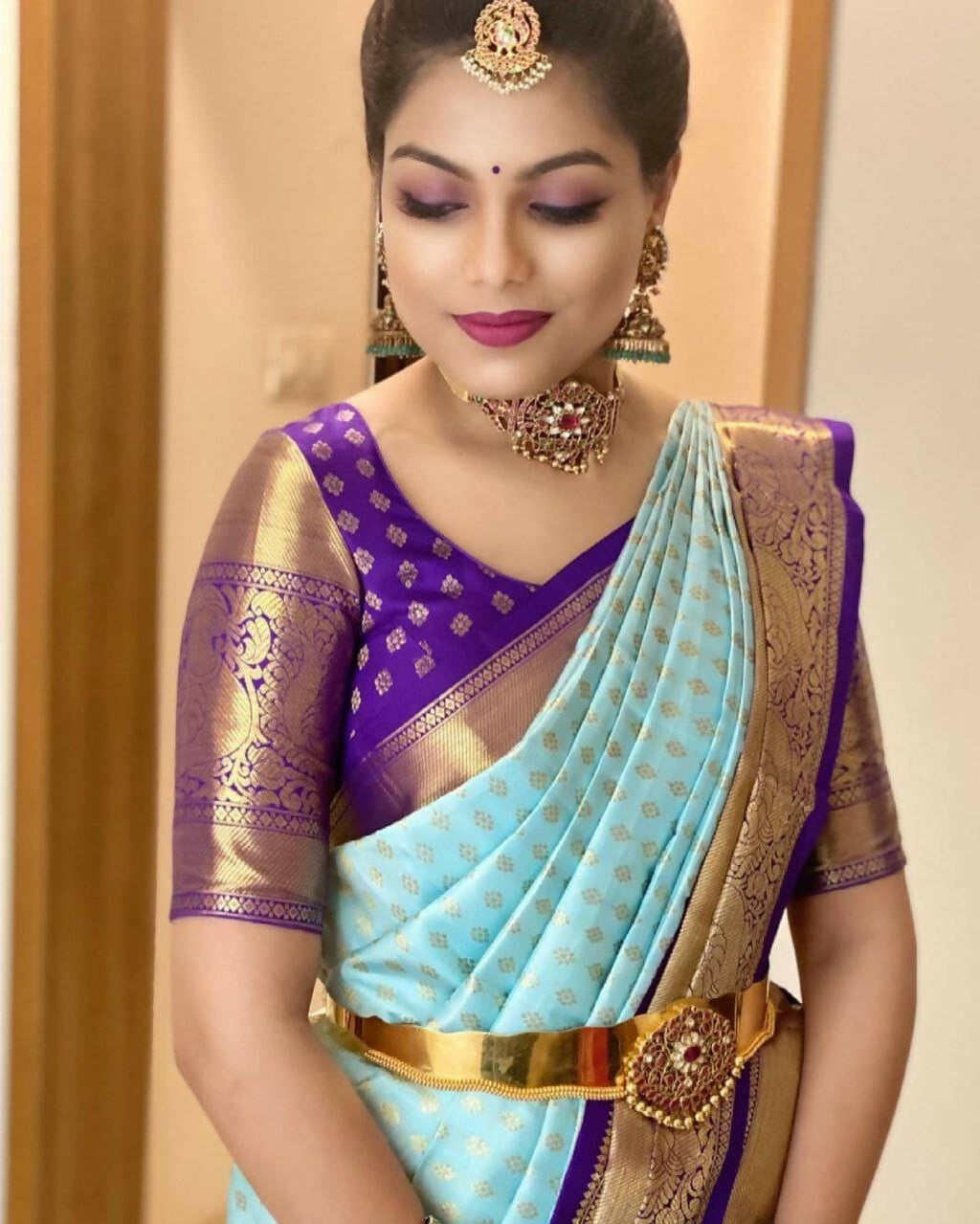 DEIANA'S Beautiful Designer Golden zari Soft Lichi Silk Saree - Sky