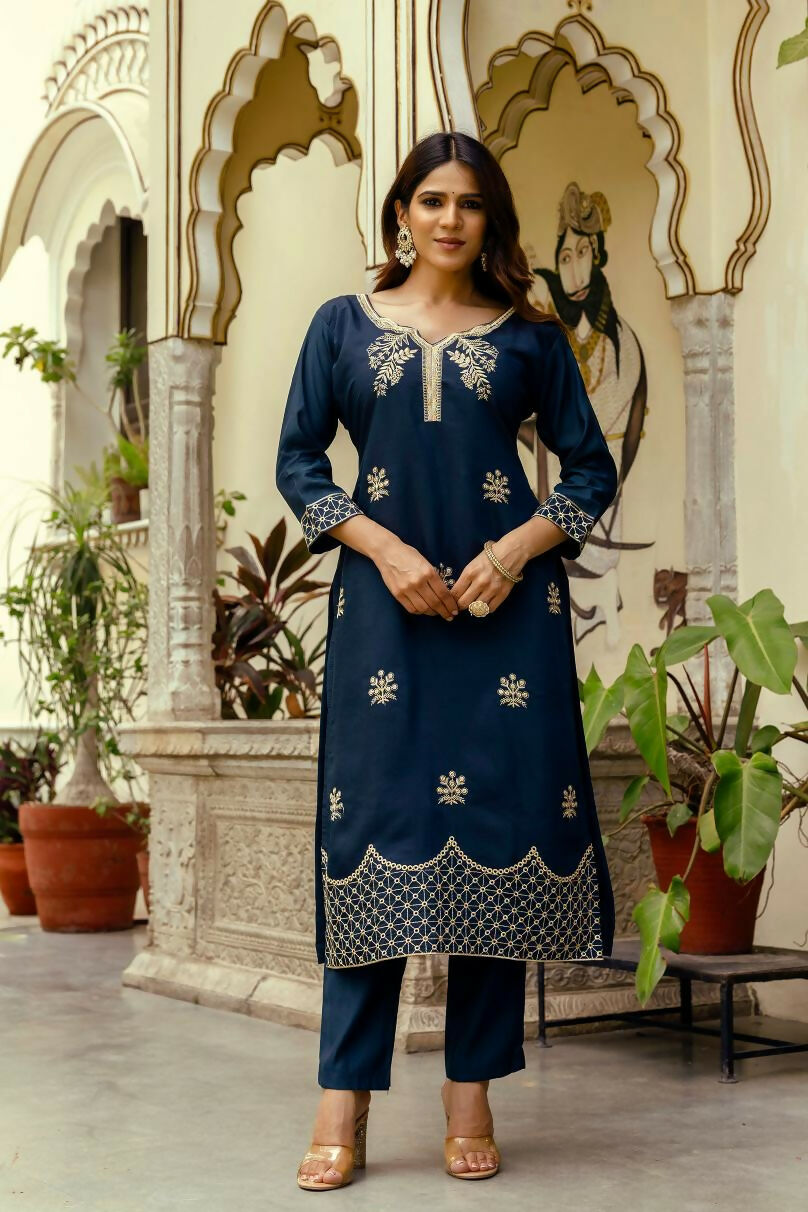 The52 Navy Blue Women's Beautiful Viscose Chanderi Fabric Thread Work Straight Kurta Pant and Dupatta Set - Distacart