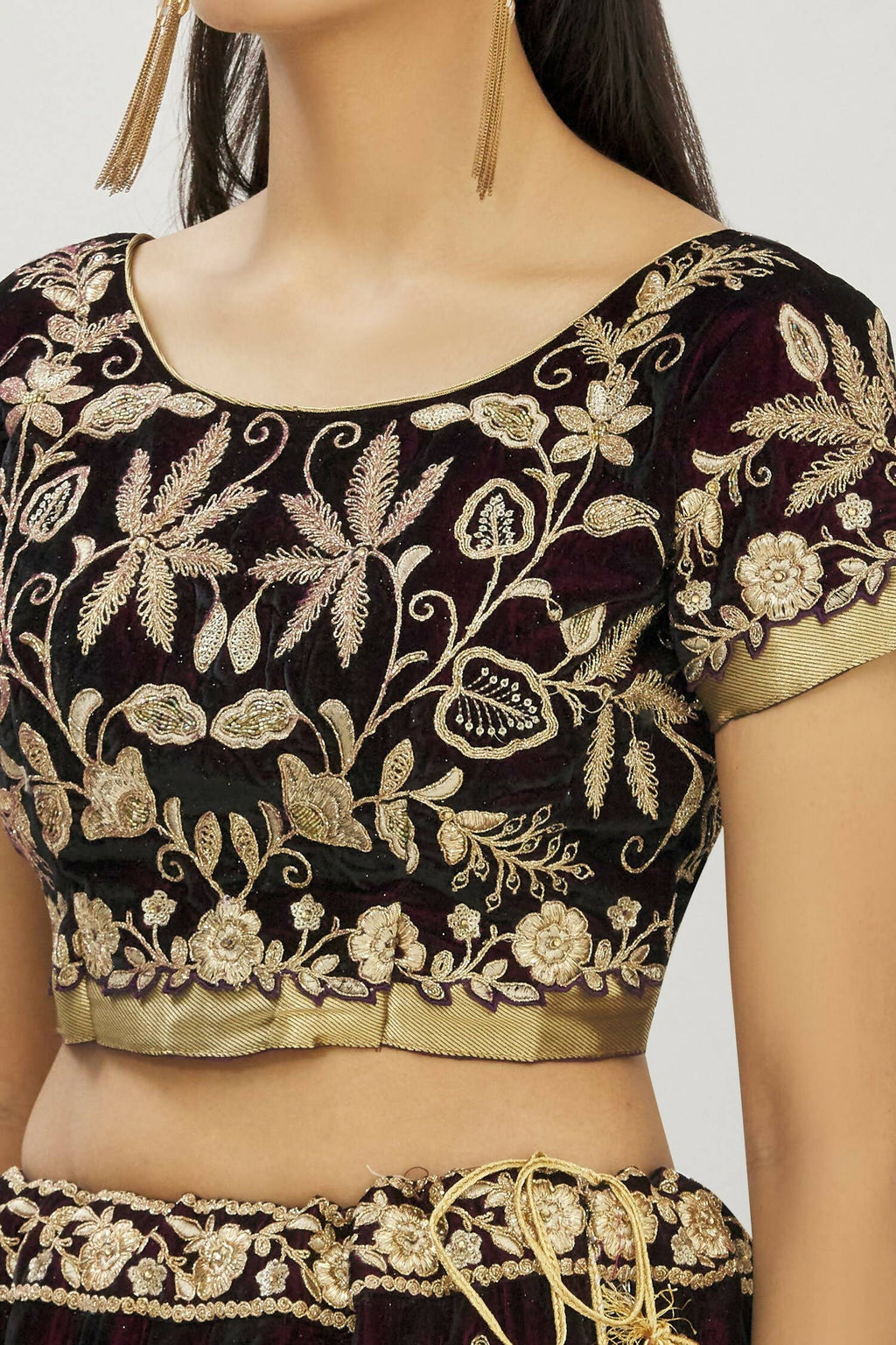 Purple Velvet Semi-Stitched Wedding Bridal Lehenga - Nimaya