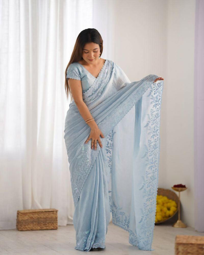 Vamsee Onam Sky Crushed Fandy Tissue Silk Saree