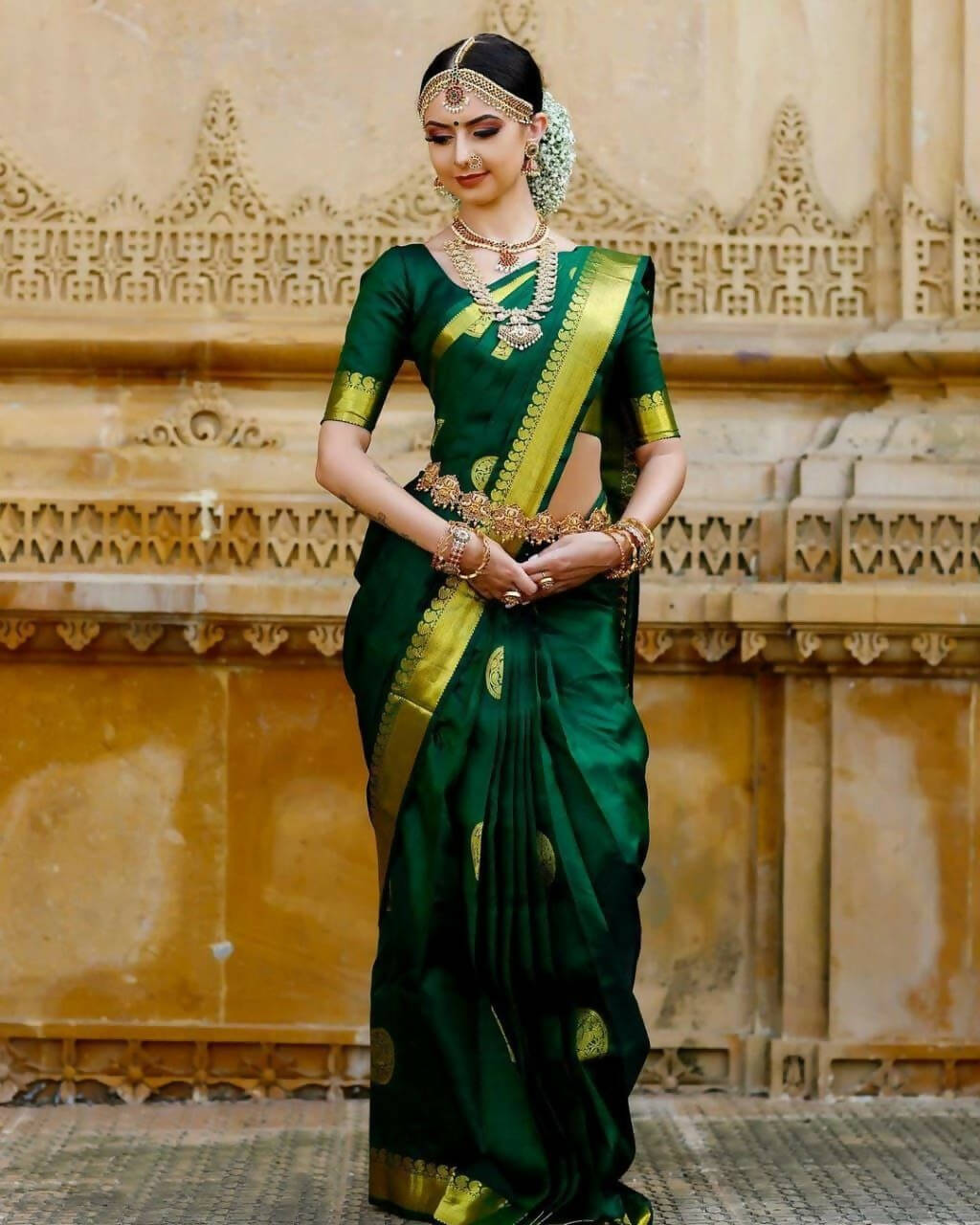 DEIANA'S Beautiful Designer Golden zari Soft Lichi Silk Saree - Green