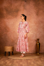 Joban Fashion Pink Floral Hand Block Printed Cotton Kurta Pant Set - Distacart