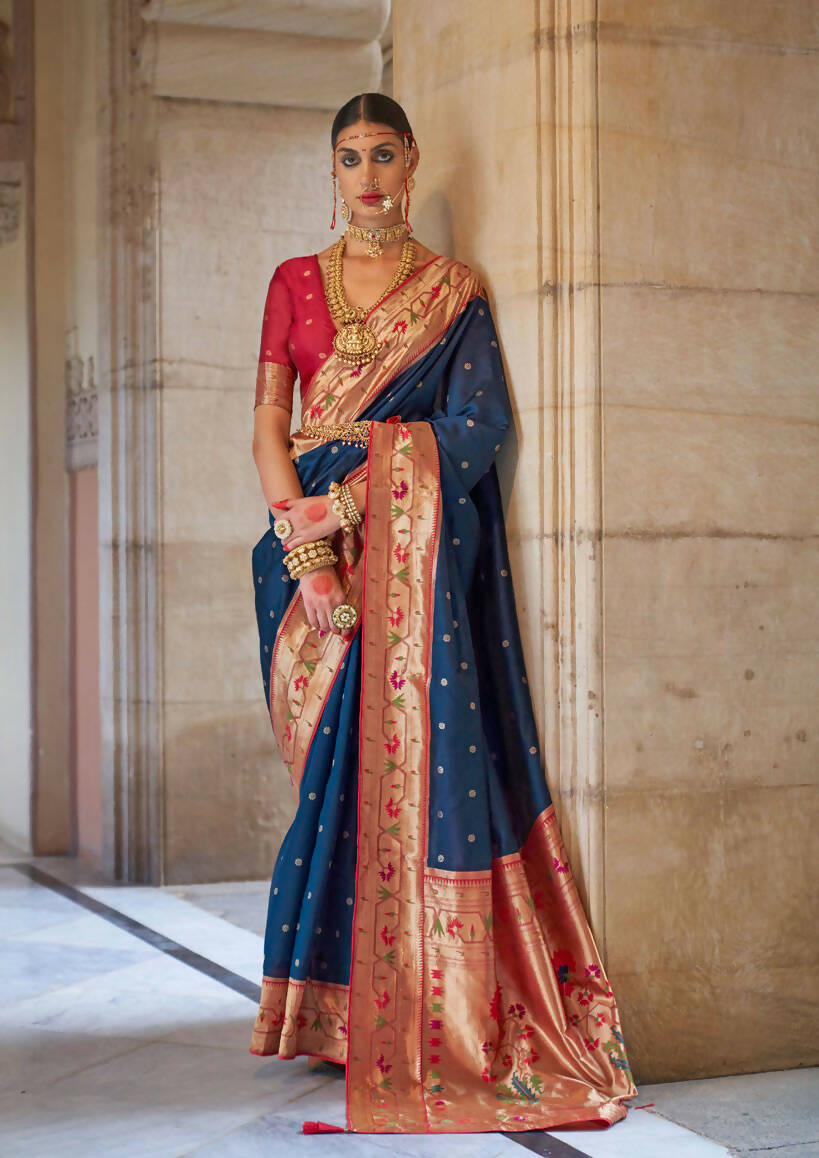 Navu Blue Soft V.P. Silk Magnum Finish, Weaving, Golden Zari Paithani Silk Saree - Rath Kadampalli