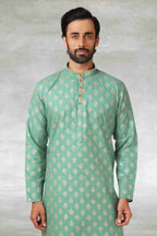 Raivat Ethnic Cotton Printed Work Kurta Pajama In Green Colour