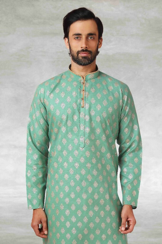 Raivat Ethnic Cotton Printed Work Kurta Pajama In Green Colour