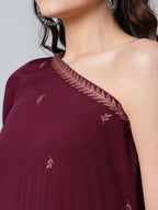 Ahalyaa Women Burgundy & Gold-Toned Ethnic Motifs One Shoulder Ethnic Maxi Dress - Distacart