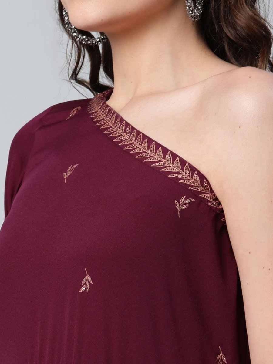 Ahalyaa Women Burgundy & Gold-Toned Ethnic Motifs One Shoulder Ethnic Maxi Dress - Distacart