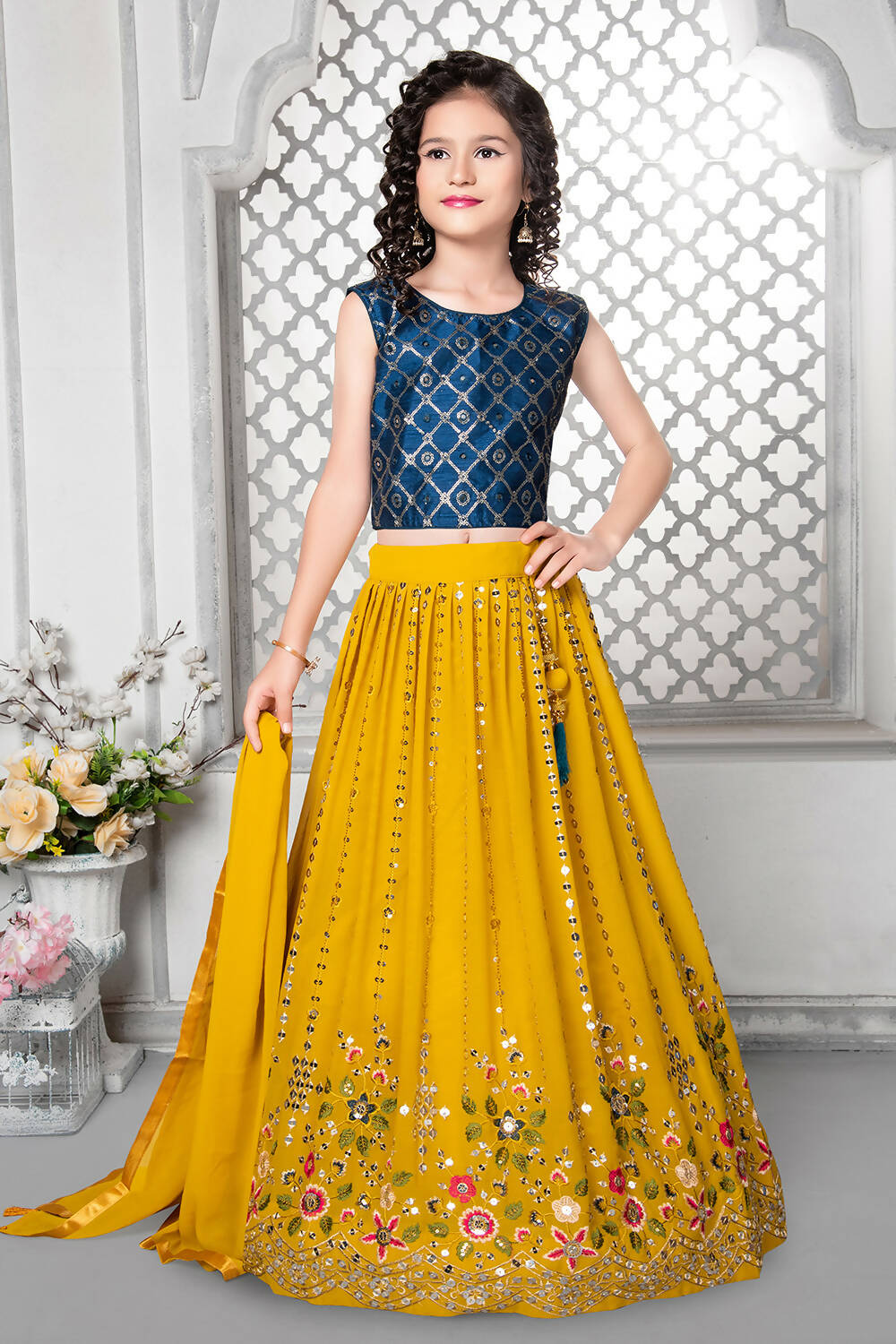 Kids Wedding Designer Yellow Fox Georgette Lehenga Choli - Aaradhna