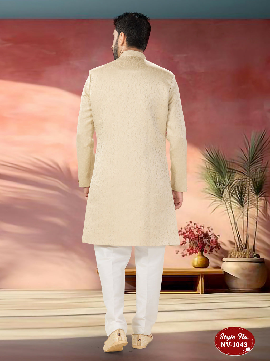 Joban Fashion Men's Beige Straight Swed Velvet Self-Design In Fabric Indo-Western Kurta Set