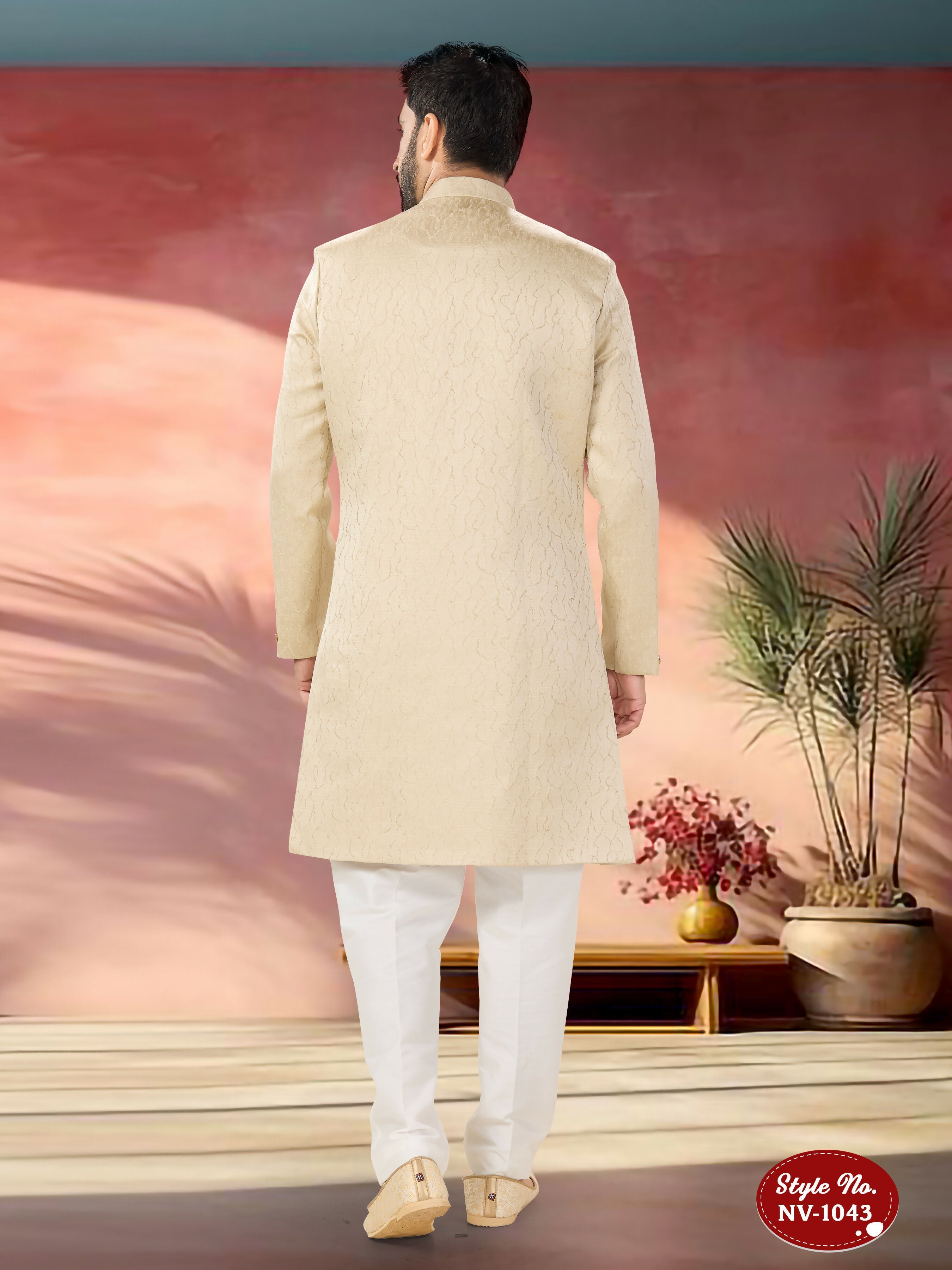 Joban Fashion Men's Beige Straight Swed Velvet Self-Design In Fabric Indo-Western Kurta Set
