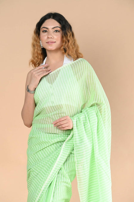 Very Much Indian Designer Pure Cotton Saree With All Over Linear Stripes - Fern Green