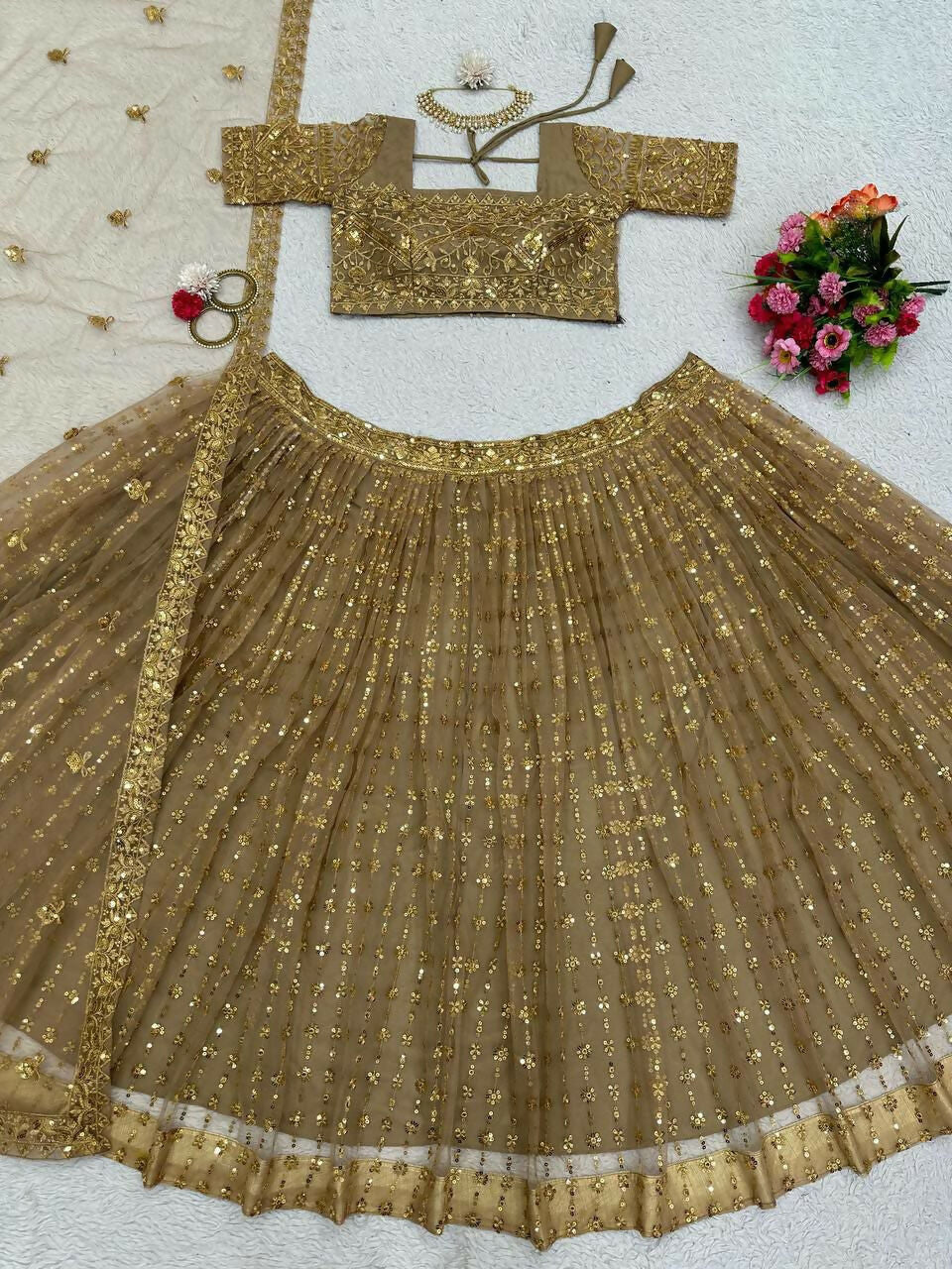 Jyoti Fashion Women's Beige Butterfly Net Sequins with Thread Embroidered Designer Lehenga Choli Set