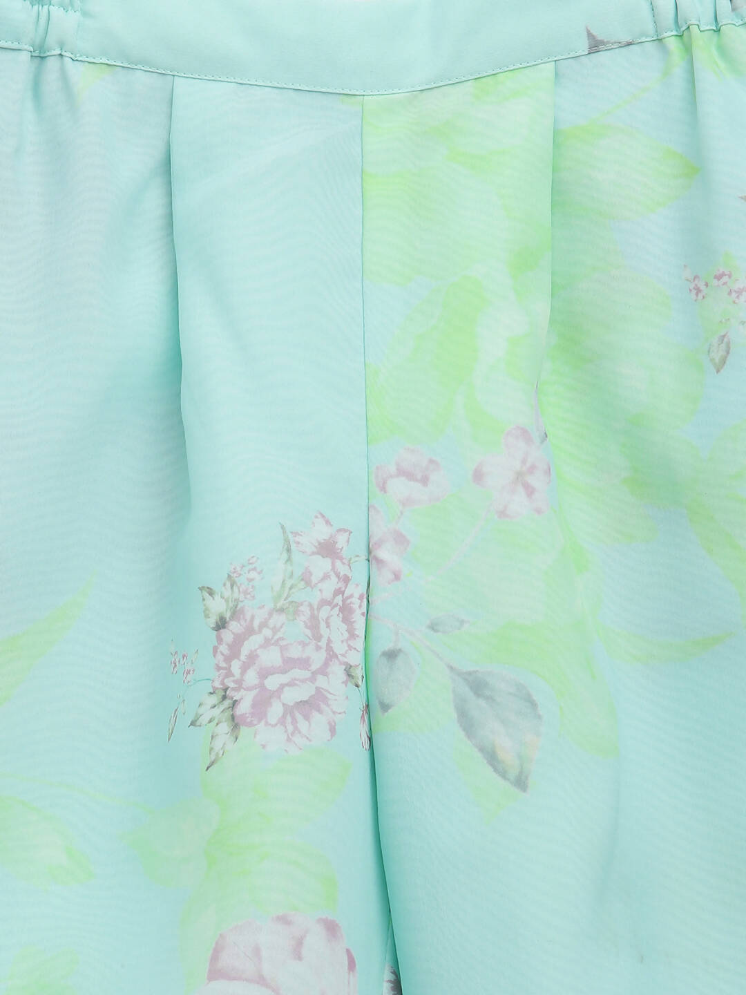 Ahalyaa Aqua Blue Crepe Printed Kids Kurta Palazzo Sets For Girls