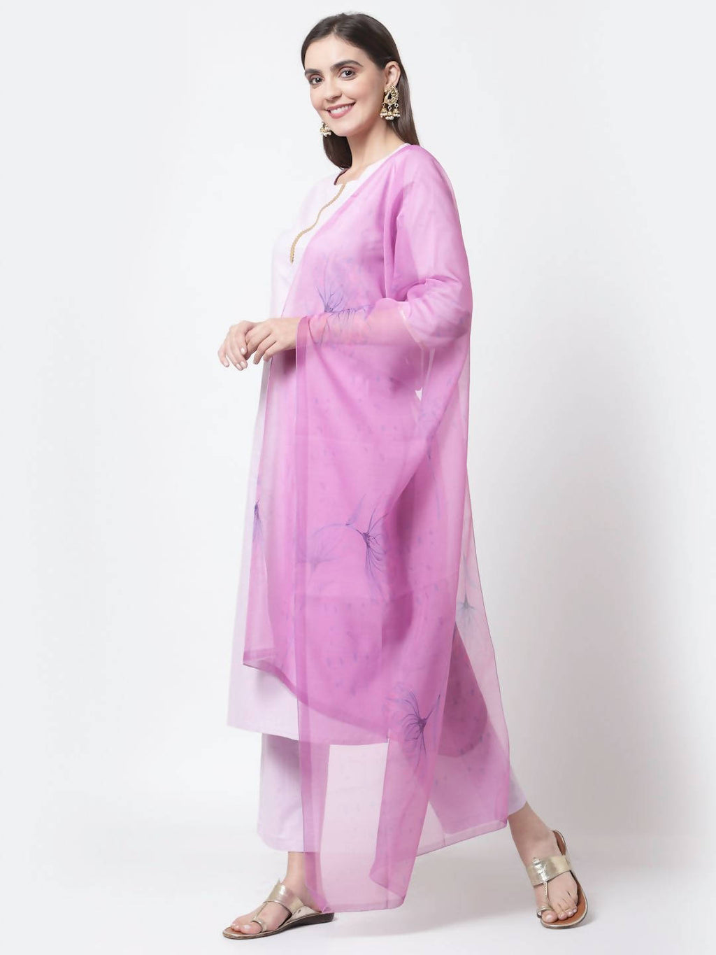 Myshka Light Purple Cotton Solid 3/4 Sleeve Round Neck Casual Kurta Pant Dupatta Set