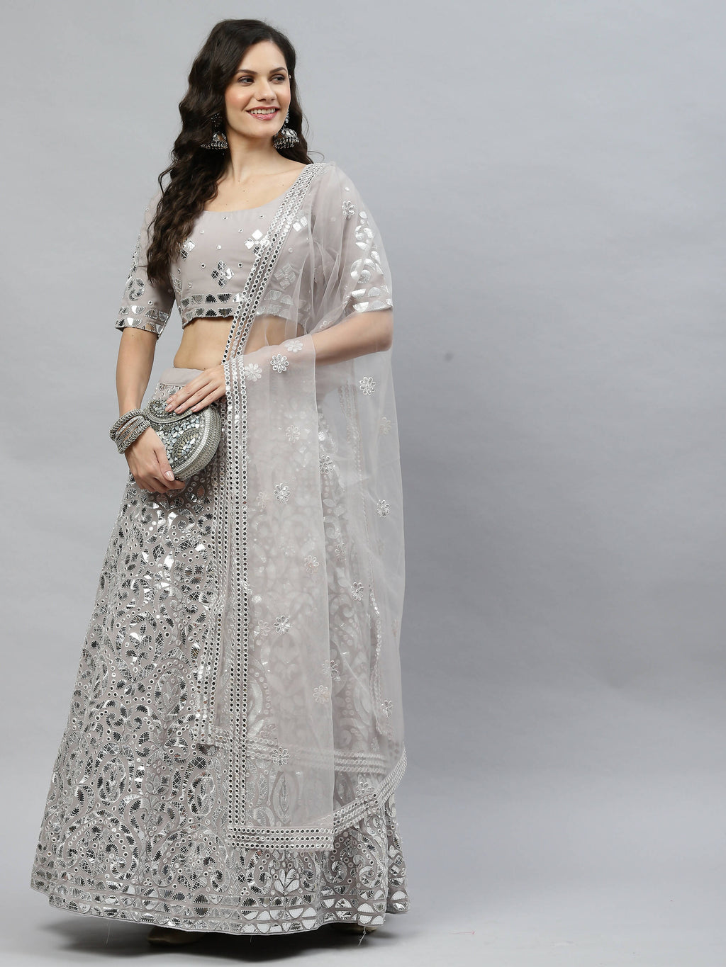 Grey Georgette Paper Mirror Embroidery Work Lehenga Choli with Dupatta - Jivika