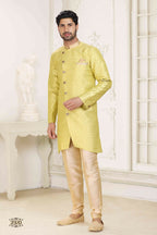 Raivat Ethnic Banarasi Jacquard Embroidery Semi Indo Western Sherwani In Lemon Yellow Colour