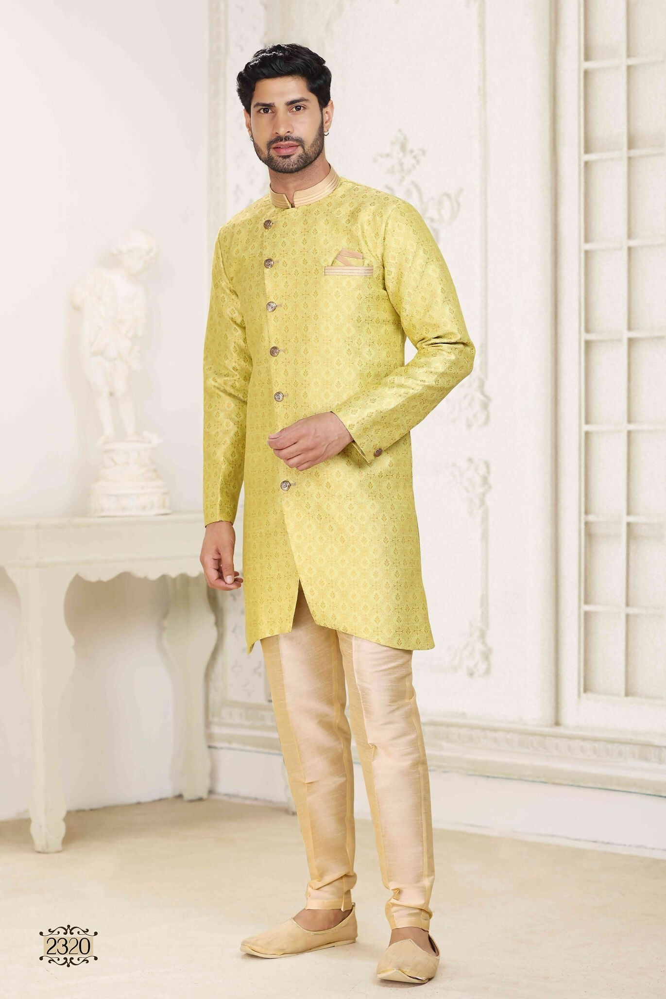 Raivat Ethnic Banarasi Jacquard Embroidery Semi Indo Western Sherwani In Lemon Yellow Colour