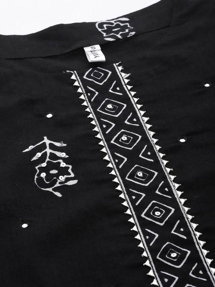 Yufta Women Black & White Ethnic Print Sequined Pure Cotton Kurta with Trouser and Dupatta