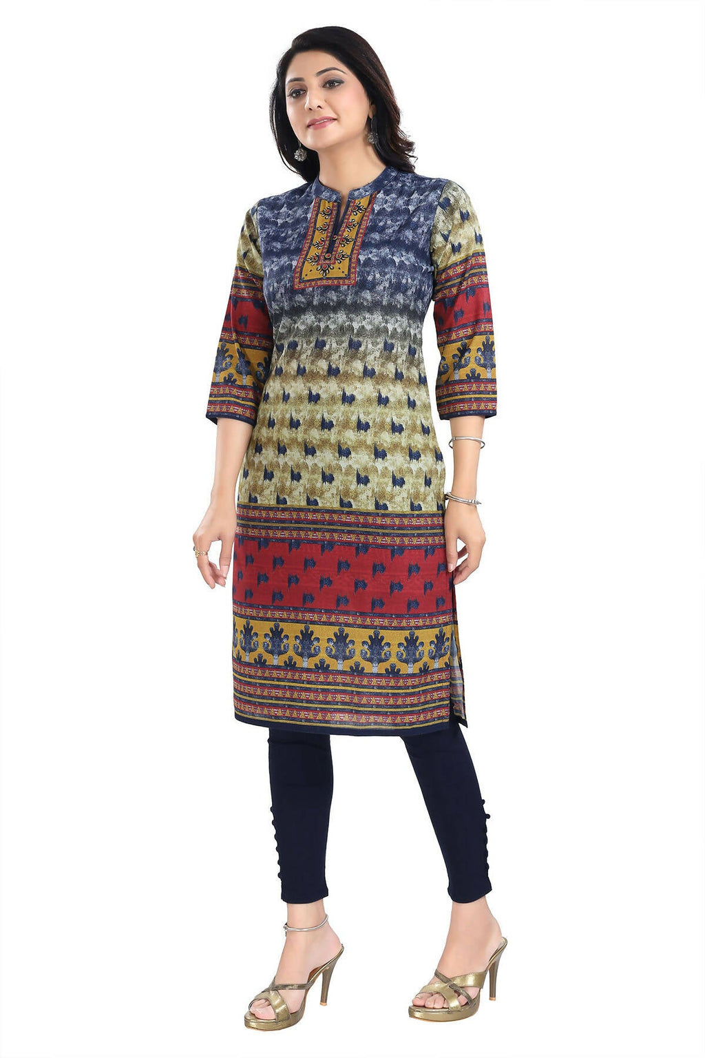 Snehal Creations Multicolored Designer Digital Print Cotton Slub Fabric Long Kurti Tunic - Distacart