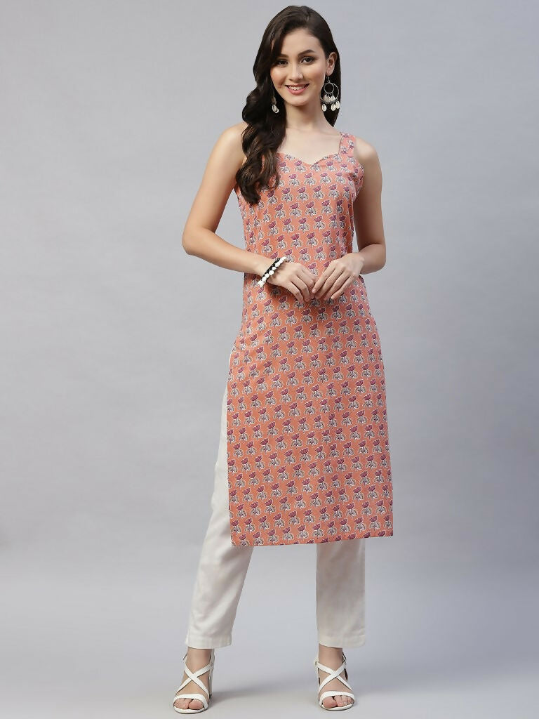 Miravan Women's Floral Printed Strappy Peach Straight Kurta