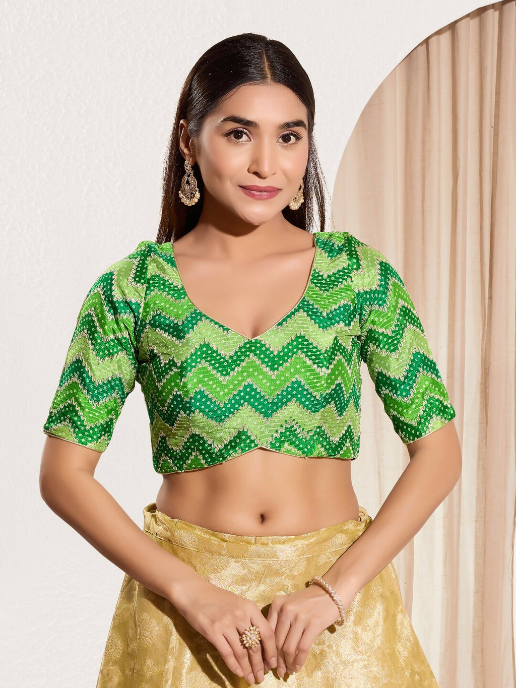 Joban Fashion Parrot Green Chiffon Padded Blouse With Square Neck Elbow Sleeves - Distacart