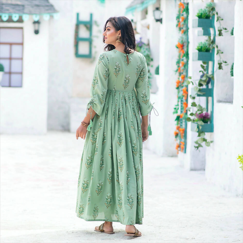 Partywear Designer Digital Printed Moss Green Pure Maslin Gown - Anbazaar - Distacart