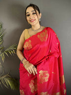 Joban Fashion Crimson Red Motifs Zari Weaving Soft Silk Banarasi Saree
