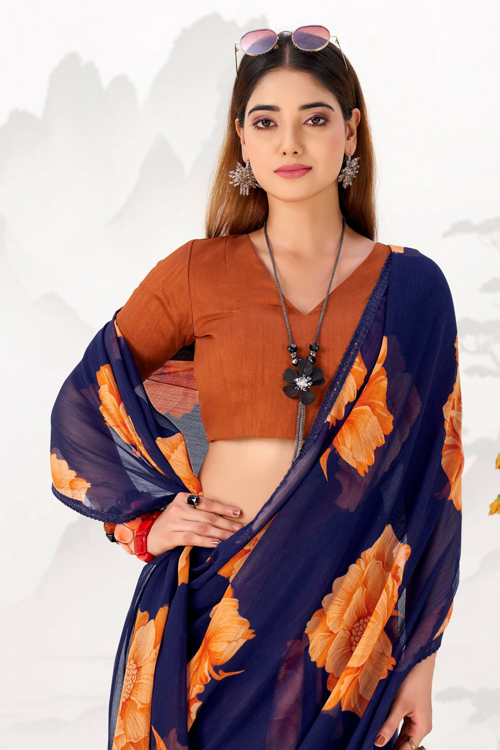 Vastranavya Navy Blue Floral Print with Lace Border work Chiffon Saree & Unstitched Blouse - Distacart