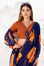 Vastranavya Navy Blue Floral Print with Lace Border work Chiffon Saree & Unstitched Blouse - Distacart