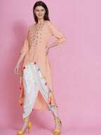 Women Republic Peach Rayon Embroidered Kurta With Mirror Work And Tulip Pants - Distacart