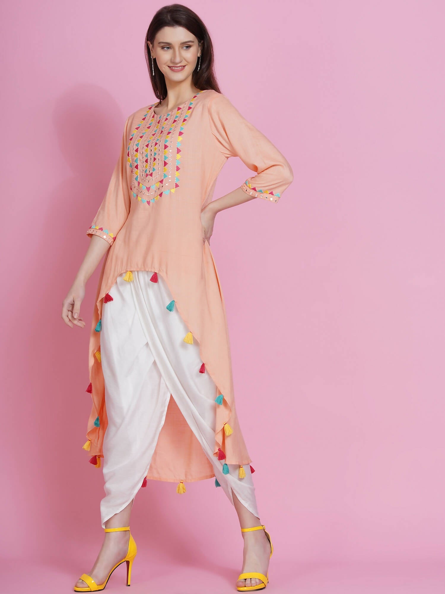 Women Republic Peach Rayon Embroidered Kurta With Mirror Work And Tulip Pants - Distacart