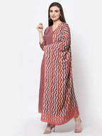 Myshka Women's Dark Pink Cotton Solid 3/4 Sleeve V Neck Casual Anarkali Kurta Dupatta Set