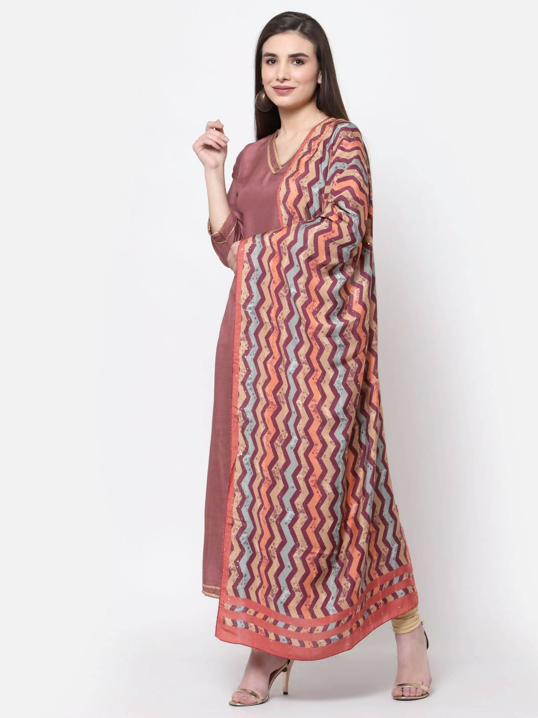 Myshka Women's Dark Pink Cotton Solid 3/4 Sleeve V Neck Casual Anarkali Kurta Dupatta Set