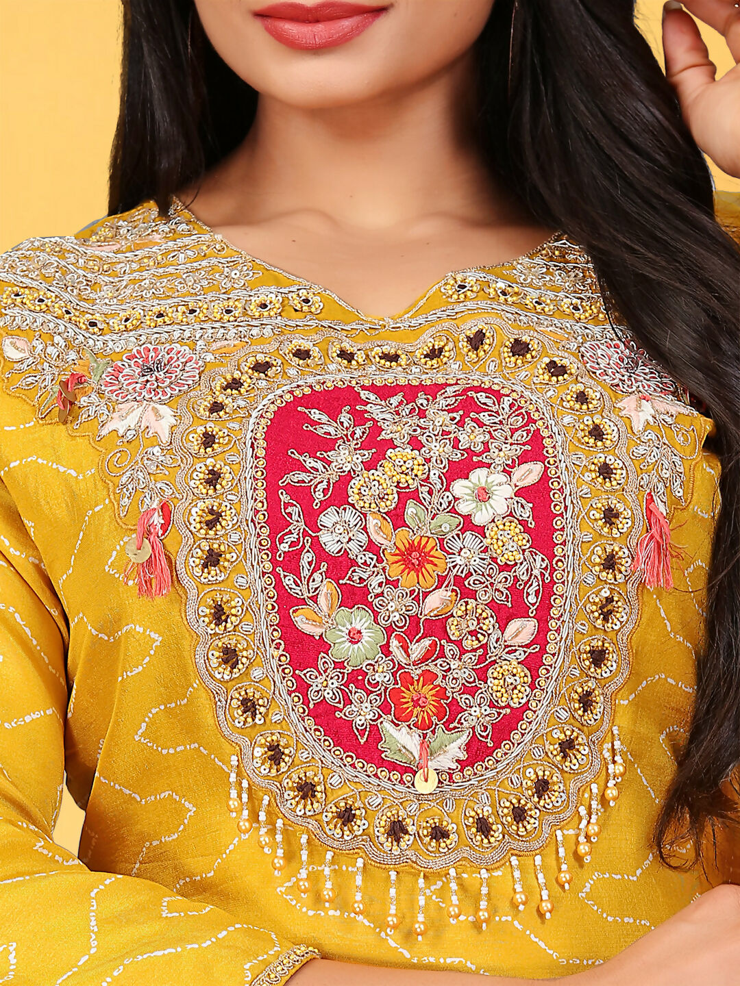 Joban Fashion Mustard Cotton Premium Pure Viscose Print Dola With Handwork Kurta set